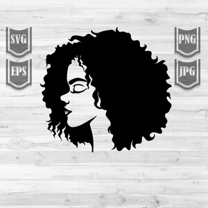 May include: Black silhouette of a woman's profile with voluminous curly hair. The image includes SVG, EPS, PNG, and JPG file type icons, suggesting digital art or design files. The woman's eye is closed, and the overall style is minimalist.