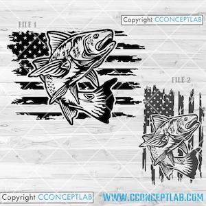 May include: Black and white graphic of two fish leaping over a stylized American flag. The design includes stars and stripes, with the fish depicted in detail. The image is a patriotic design, suitable for fishing enthusiasts.