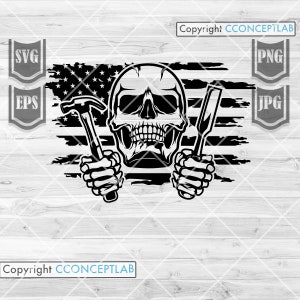 Crânio de carpinteiro dos EUA svg | Clipart de reparador | Reparar camisa do pai png | EUA Construção dxf | Arquivo de corte do empreiteiro | Martelo jpeg | Construtor