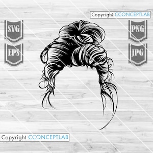 乱れたおだんごヘア SVG ファイル || ヘア スタイリスト SVG || 乱れた髪 SVG || おだんごヘア クリップアート || ママの乱れた髪 SVG || カッティング ファイル