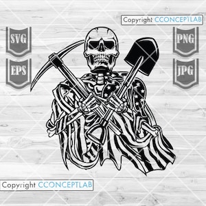 May include: A black and white illustration of a skeleton holding a pickaxe and shovel, with an American flag draped behind it. The image includes the text "Copyright CONCEPTLAB".