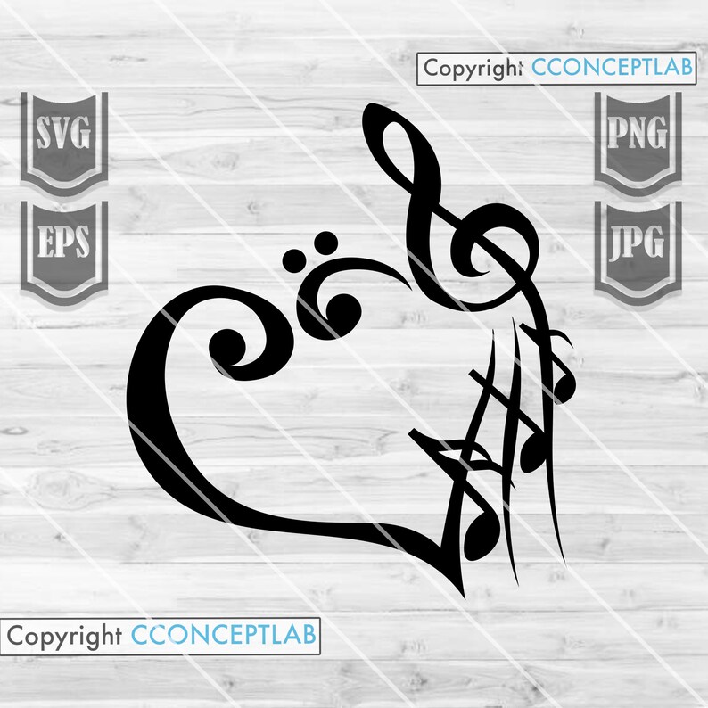 May include: Black and white vector graphic of a treble clef and musical notes forming a heart shape. The graphic is suitable for use as a digital download for crafting projects.