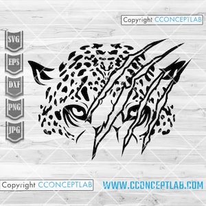 May include: Black and white illustration of a leopard's face with sharp claws scratching at the surface. The leopard's eyes are wide open and intense.