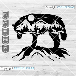 Wolf Wilderness Scene svg | Wild Life Shirt png | Outdoor Camping dxf | Camper Stencil | Camp Site Cut File | Forest Night Animal Clipart