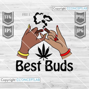 Può includere: Due mani che tengono una canna accesa con fumo che sale sopra di loro. Una foglia di marijuana si trova sotto le mani. Il testo "Best Buds" è sotto la foglia.