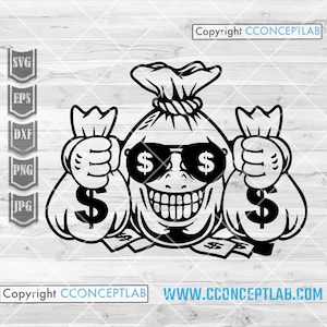 Soldi Borsa Mascotte SVG / Gangster Cool Rich Clipart / Borsa da milioni di dollari Cutfile / Stencil del dito medio del miliardario hippie / Camicia dei soldi png