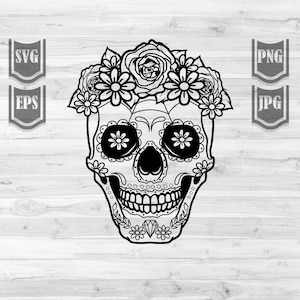 Sugar Skull svg | Candy Skull Clipart | La Muerta Stencil | Day of the Dead Cut File | Lady Dead dxf | Halloween Shirt Design png | Skeleton