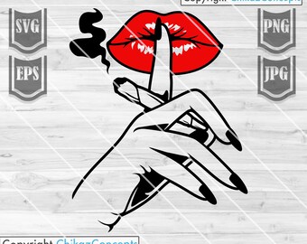 Erba in formato svg / File in formato svg di silenzio mentre si fuma una canna // Segno della mano che fa silenzio in formato svg // Fumare erba in formato svg // Labbra rosse sexy che fumano erba // Fumare cannabis in formato svg