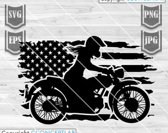 US Biker svg / Girl Rider Clipart / Big Bike Rally Cutfile / Motorbiker Mom Shirt png / Motocicleta dxf / Lady Ride Stencil / Extreme Sports