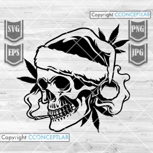 May include: Black and white illustration of a skull wearing a Santa hat and smoking a joint. The skull is surrounded by marijuana leaves.