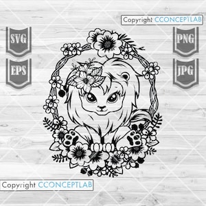 Uroczy kwiatowy lew svg | Lew png | Kwiatowe zwierzę svg | Mały lew svg | Pliki do cięcia lwa | Clipart lwa | Pliki do cięcia lwa | Natychmiastowe pobieranie