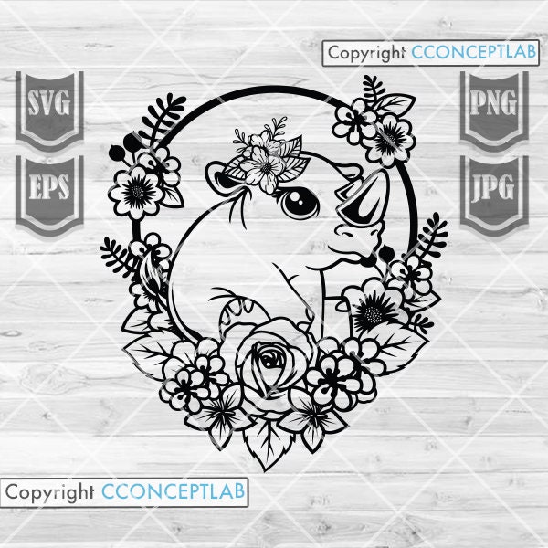 Cute Floral Rhino svg | Floral Animal svg | Cute Rhino svg | Rhinoceros svg | Rhino png | Rhino Clipart | Rhino Cutfile | Baby Rhino svg