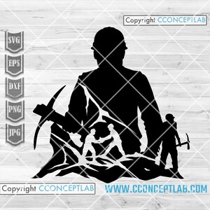 Pode incluir: Silhueta preta de um mineiro com uma picareta, usando um capacete. A imagem inclui figuras menores de mineiros e o texto "Copyright CCONCEPTLAB" e "WWW.CCONCEPTLAB.COM". A imagem também inclui os ícones de tipo de arquivo SVG, EPS, DXF, PNG e JPG.