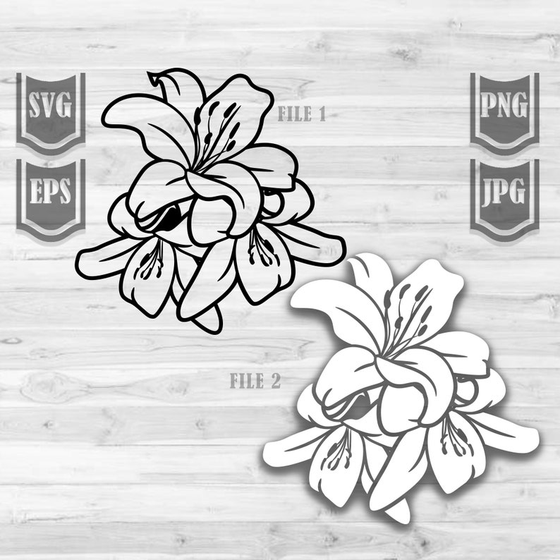 Puede incluir: Dos dise&ntilde;os de flores de lirio en blanco y negro. Uno es un dibujo lineal y el otro una versi&oacute;n sombreada. La imagen incluye el texto "SVG", "EPS", "PNG", "JPG", y "FILE 1" y "FILE 2".