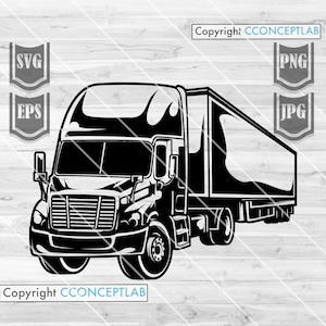 May include: Black and white silhouette of a semi-truck with a trailer. The truck has a large grill and headlights. The trailer is a flatbed with no cargo.