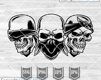 Hear Speak See Skull svg | Skeletal Head with Bandana Cut File | Chicano Skeleton Stencil | Human Skull Clipart | Gothic Man T-shirt png DXF