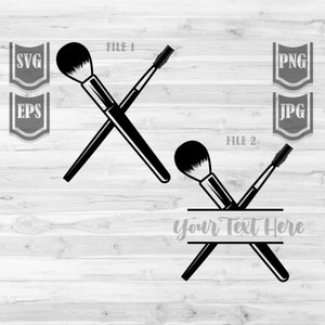 May include: Two black makeup brushes, one with a round head and one with a thin, pointed head, are crossed over each other. The brushes are on a light wood background. The text "Your Text Here" is in a banner below the brushes.