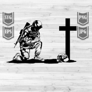 Soldier Kneeling at cross Svg File || Fallen Soldier Svg || Kneeling at Memorial Svg || Soldier Kneeling Praying || Cut Files