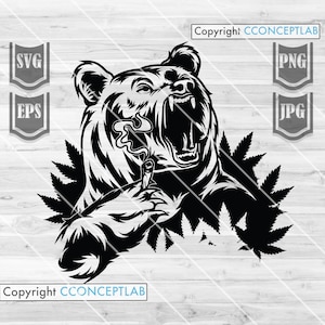 May include: Black and white illustration of a bear smoking a joint with marijuana leaves in the background. The bear is roaring with its mouth open and has a cigarette in its paw. The text "Copyright CCONCEPTLAB" is at the bottom of the image.