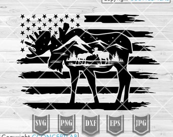US Moose Wilderness Outdoor svg | Camping Scene Stencil | Mountain View Cut File | Camp Scenery Clipart | Wild Life Shirt png | Western dxf