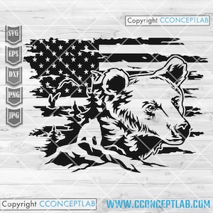 Scène ours américaine svg | Clipart extérieur | Fichier découpé pour animaux sauvages | Pochoir Woodland | Afficher dxf | Chemise campeur png | USA chasse au grizzly jpg