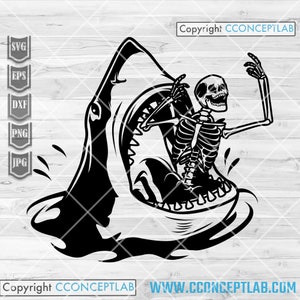 May include: Black and white illustration of a skeleton escaping from the open mouth of a shark. The shark is swimming in the water. The skeleton is raising its arms in the air.