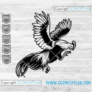 Puede incluir: Silueta en blanco y negro de un gallo con las alas extendidas. El gallo está mirando hacia el lado derecho de la imagen. El gallo está en posición de combate con las patas dobladas y la cabeza girada hacia un lado.