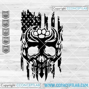 May include: Black and white graphic design featuring a skull with a paw print above it, set against a distressed American flag background. The design includes flames and sharp teeth. The image also includes the text "Copyright CCONCEPTLAB" and "WWW.CCONCEPTLAB.COM".
