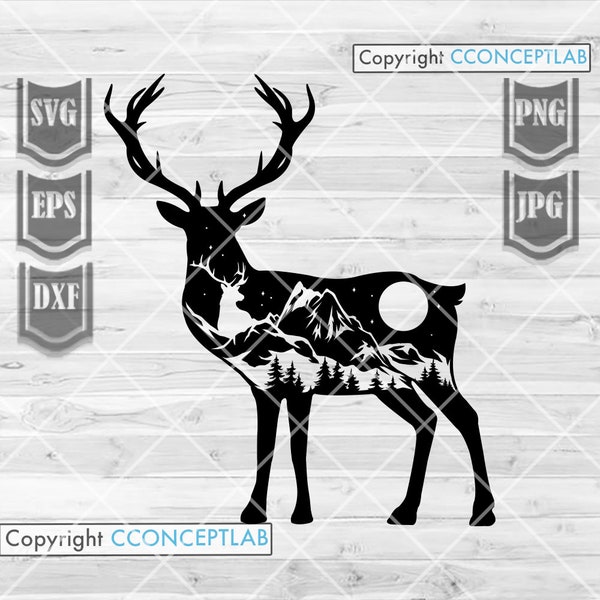 Deer Wilderness Outdoor svg | Wild Life Stencil | Safari Animal Clipart | Camp Scene Shirt png | Antler Gift Idea dxf | Hunter Dad Cut File