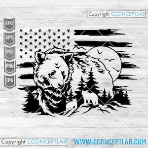 Scène ours américaine svg | Clipart animaux des bois | Chemise d'extérieur png | Camping dxf | Camper papa Cutfile | Pochoir d'aventure | Grizzli sauvage