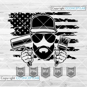 US Beard Man Painter svg | Painter Dad T-shirt Design Gift Idea png | USA Painting Clipart | Paint Brush Cut File | Paint Roller Stencil DXF