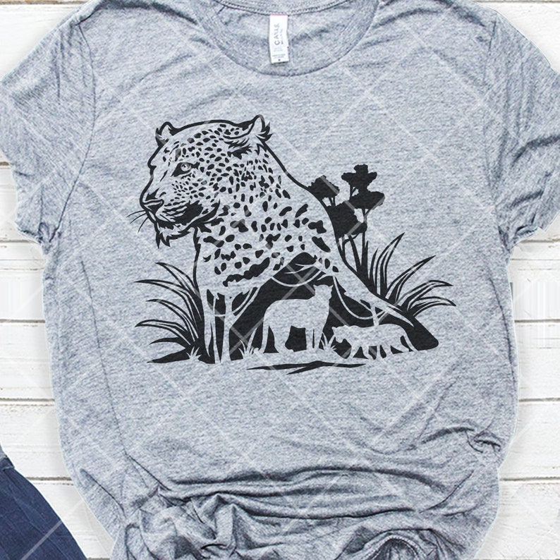 May include: A black and white silhouette of a leopard with two smaller animals behind it. The leopard is standing in tall grass with trees in the background.