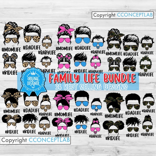 Mega Family SVG Bundle | Afro Fam Life PNG Bundle | Mega Mom Life Bundle Cut File | Messy Bun Hair Mom Clipart | Leopard Mama Mommy Stencil