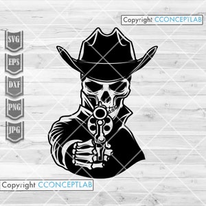 Cowboy Totenkopf mit Pistole svg | Western Schablone | Howdy Schnittdatei | Traumland Shirt png | Rodeo dxf | Boho Mann mit Revolver jpeg | Besitzer der Ranch