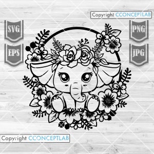 Niedliches Baby Blumen Elefant svg | Blumen Elefant png | Süßer Elefant svg | Baby Elefant svg | Elefant Clipart | Florale Elefant Cutdatei