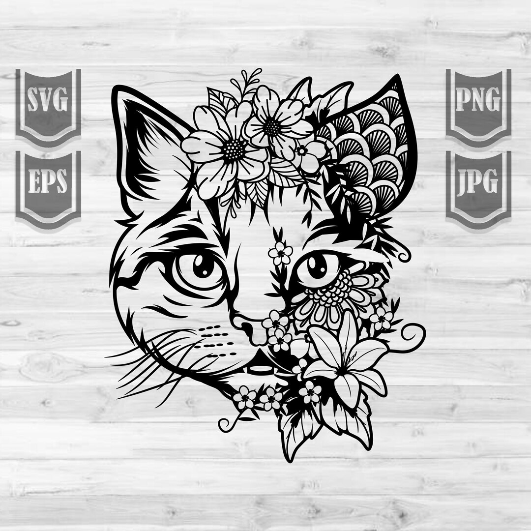 Floral Animal Cat Svg Files || Cat With Flowers Svg || Cat Svg ...