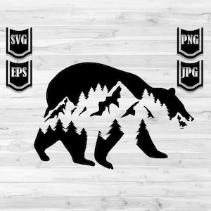 Bear Outdoor Scene svg | Bear Clipart | Mountain png | Camping Scene jpeg | Wild Life Cut File | Wilderness Stencil | Outdoor Adventure dxf