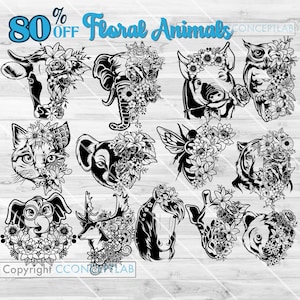 May include: Black and white illustrations of various animals, including a cow, elephant, cat, dog, deer, horse, giraffe, and panda, each adorned with floral arrangements. The text "80% OFF" and "Floral Animals" are displayed in blue.