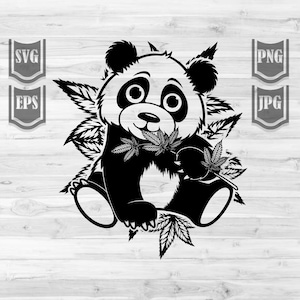 May include: Black and white illustration of a panda bear with a relaxed expression, surrounded by marijuana leaves. The panda is holding a marijuana leaf in its mouth.