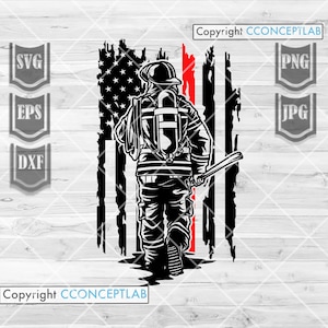 May include: Black and white silhouette of a firefighter walking in front of a distressed American flag with a red stripe. The firefighter is wearing a helmet, a breathing apparatus, and carrying a hose and an axe. The text "Copyright CONCEPTLAB" appears at the top and bottom of the image.