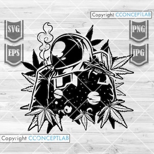 Puede incluir: Ilustración en blanco y negro de un astronauta fumando un porro rodeado de hojas de marihuana. El astronauta lleva un traje espacial y tiene un fondo de galaxia.