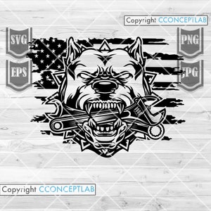 US Pitbull Bite Wrench Mechanic svg | Mechanical Tools Clipart | Fixed Wrench Cut File | Strong Wild Dog Stencil| Machine Operator Fixer dxf