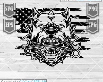 US Pitbull Bite Wrench Mechanic svg | Mechanical Tools Clipart | Fixed Wrench Cut File | Strong Wild Dog Stencil| Machine Operator Fixer dxf