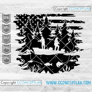 Amerikaanse visserij scène SVG | Meer visserij Cutfile | Riviervisser stencil | Buitenvissen stencil | USA Outdoorshirt png | Vissen papa cadeau idee