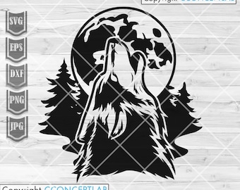 Howling Wolf svg | Wilderness Clipart | Wild Life Shirt png | Outdoor Scene Cut File | Camper dxf | Camping View jpg| Wolf Pack Forest Night