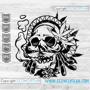 Op de afbeelding: Zwart-witte illustratie van een schedel met dreadlocks die een joint rookt. De schedel draagt een krans van marihuanabladeren.