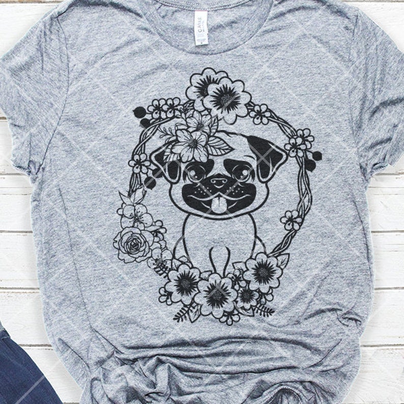 May include: A black and white illustration of a pug dog wearing a floral wreath. The pug is sitting with its tongue sticking out and has a happy expression. The flowers in the wreath are detailed and intricate.