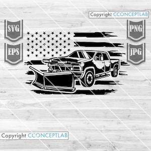 May include: Black and white silhouette of a snow plow truck with a plow blade in front of an American flag. The truck is driving to the right. The flag is in the background and is a distressed design.