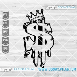 ドルキング svg | 滴る USD クラウン クリップアート | リッチ キッズ ステンシル | クールな男のシャツ png | マネーサイン カットファイル | ヒップスター jpg | ライフスタイル ギャングスター