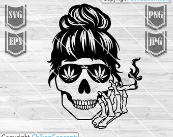 Bun Hair Skull Smoking Svg File || Skull Smoking Cannabis || Bun Hair Skull || Smoking Marijuana Svg || Cut Files